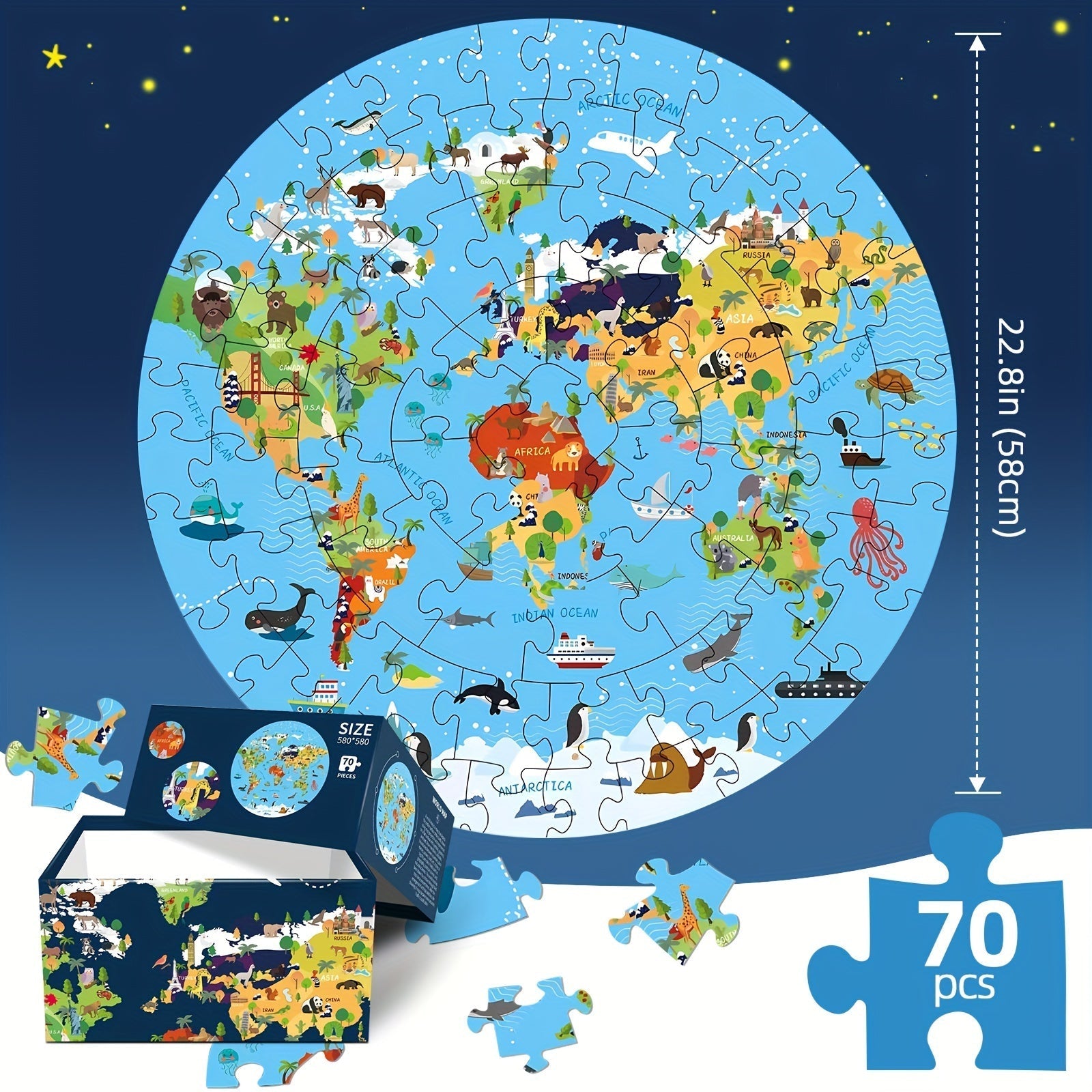 70-Piece Animal Floor Puzzle – Round World Map Design for Children
