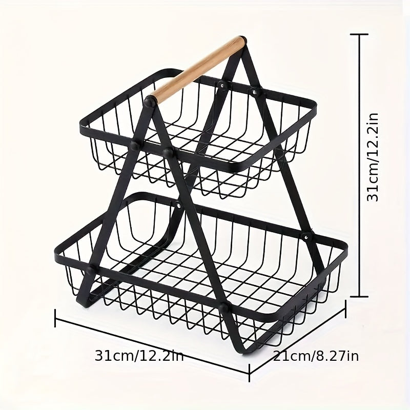 Two- and Three-Tier Storage Basket with Wooden Handle - Stylish Solution for Kitchen and Bathroom