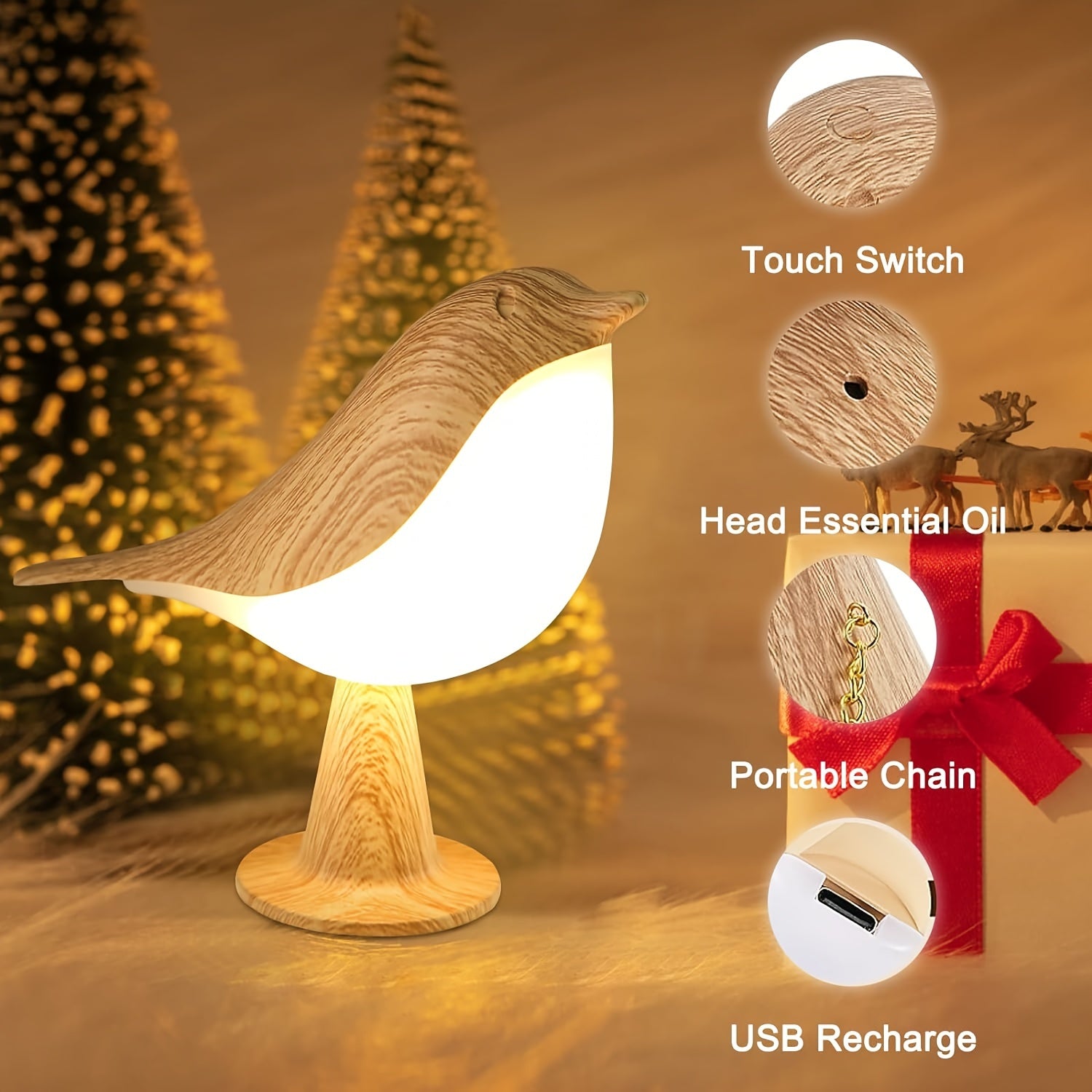 LED Bird Lamp with Aroma Diffuser – USB Rechargeable Night Lamp and Reading Light with 3 Colour Temperatures
