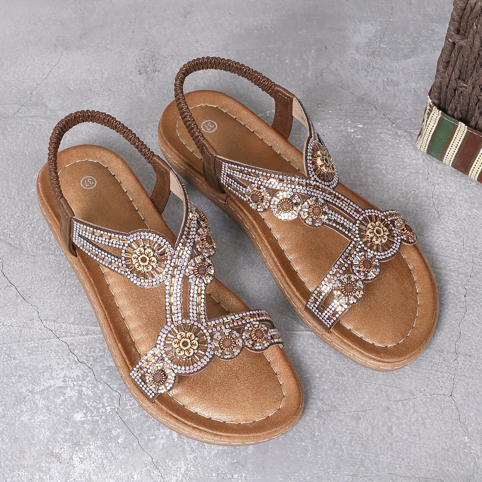 Ladies Flat Sandals with Rhinestones and Elastic Band in Boho Style