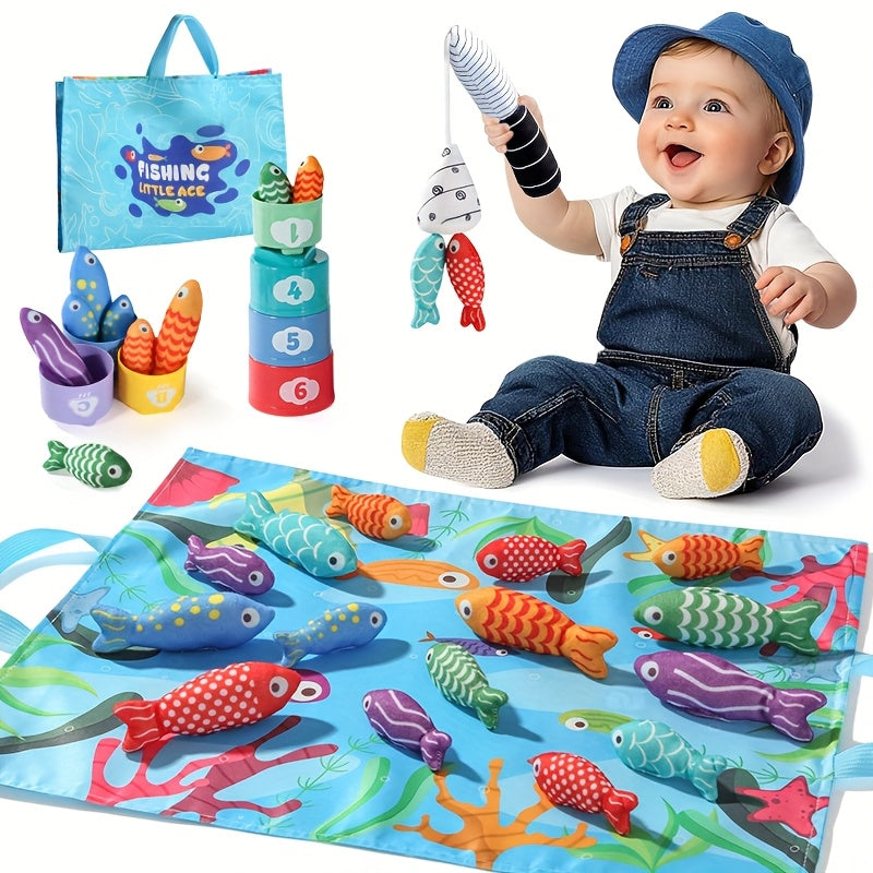 Children's Fabric Fishing Game – Plush Fish and Stacking Cups for Educational Fun