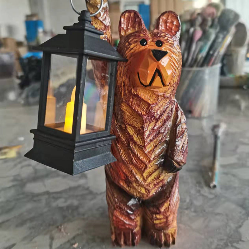 Cedar Carved Bear with Solar Lantern