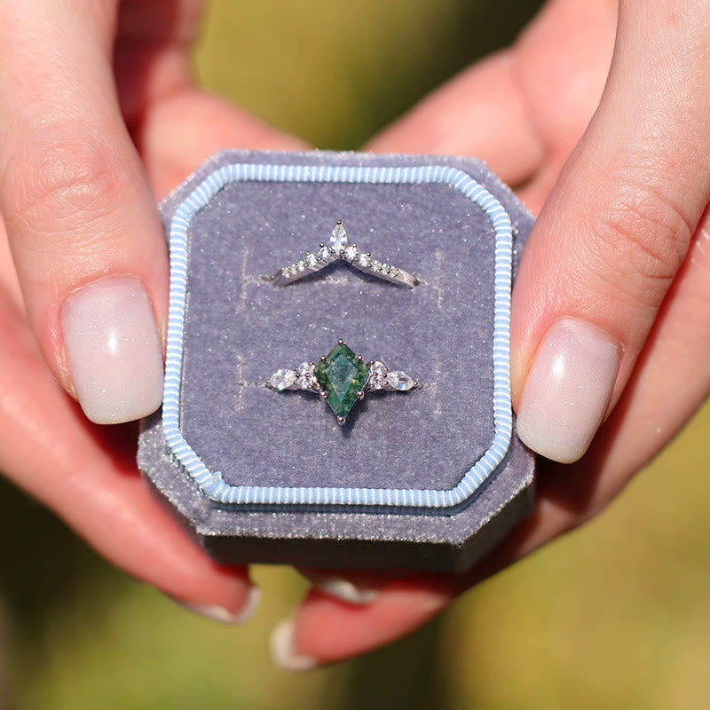 Stylish 2-Piece Moss Agate Ring Set - Serenia