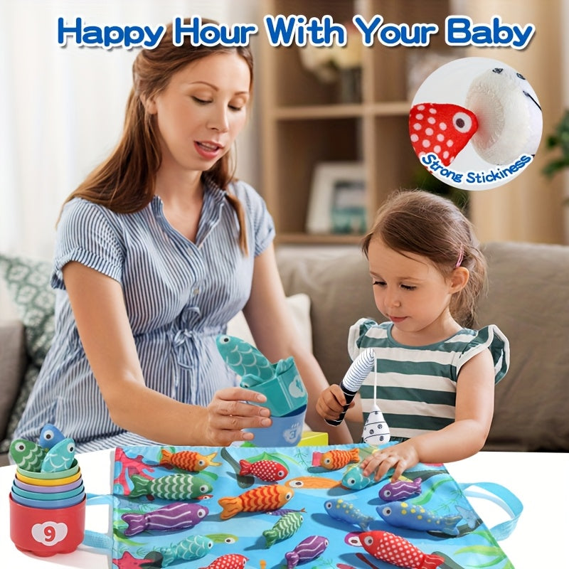 Children's Fabric Fishing Game – Plush Fish and Stacking Cups for Educational Fun