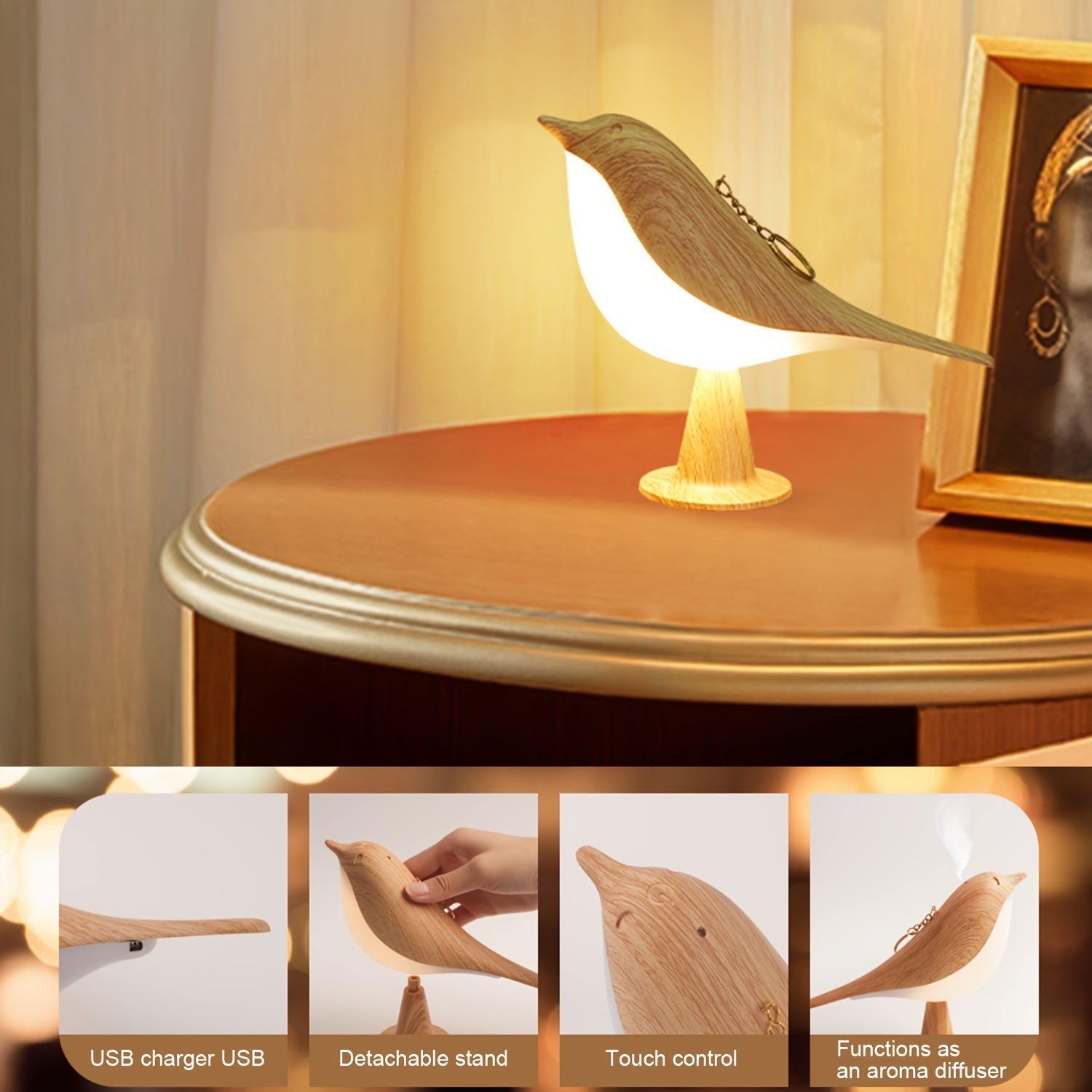 LED Bird Lamp with Aroma Diffuser – USB Rechargeable Night Lamp and Reading Light with 3 Colour Temperatures