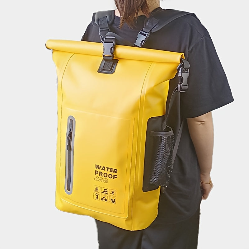 Waterproof 25L Roll-Top Rucksack with Multiple Pockets, Sturdy Buckle Seal, and Mesh Side Pocket