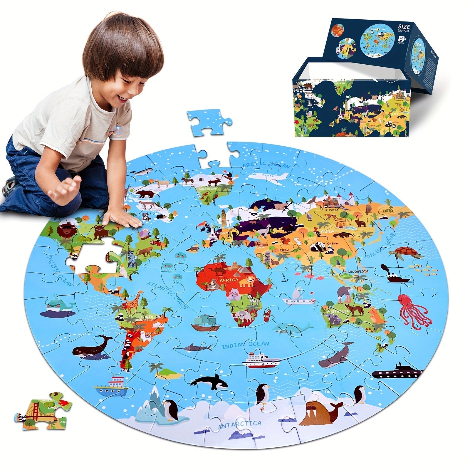 70-Piece Animal Floor Puzzle – Round World Map Design for Children