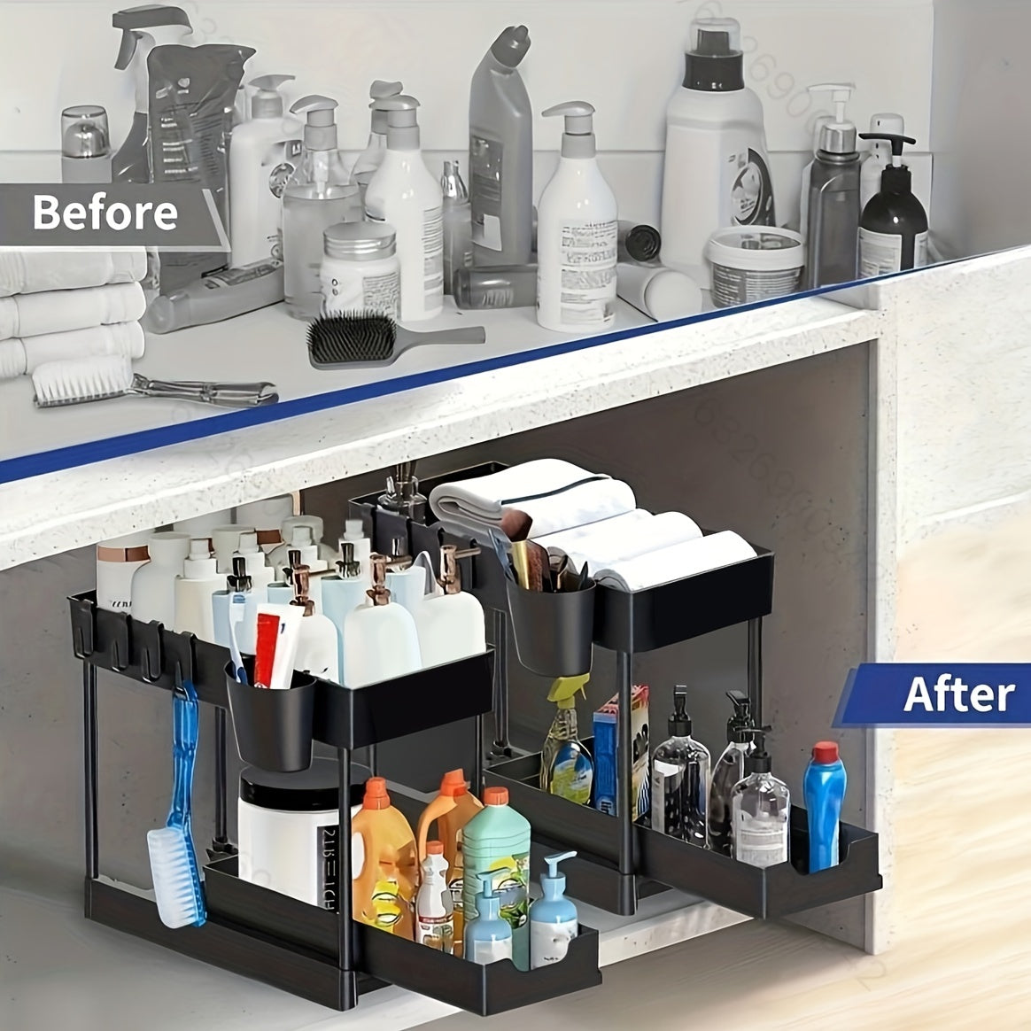 2-Tier Organiser with Hooks and Cup – Smart and Stable Storage System for Under Sink or Worktop