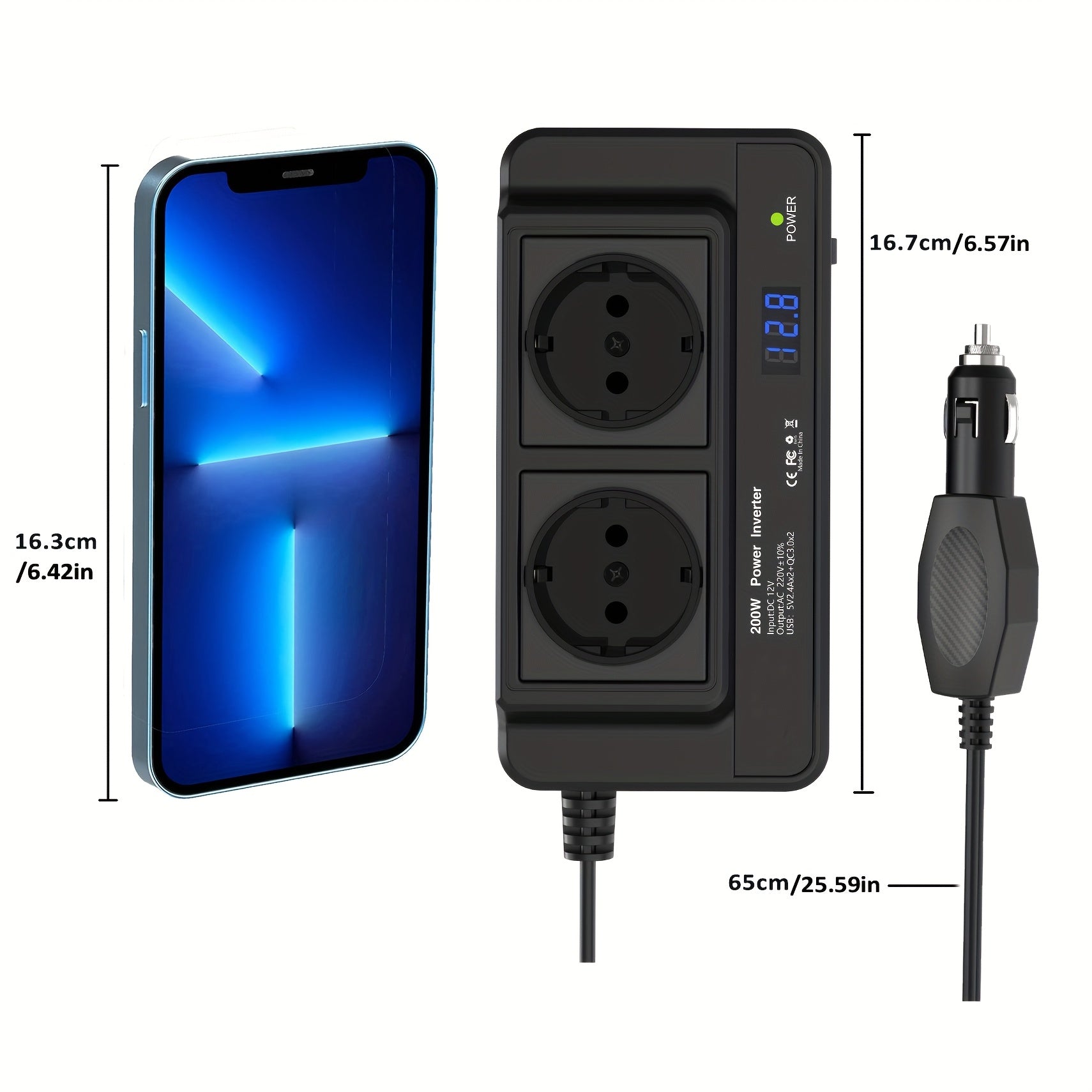 Compact 200W Car Inverter – Dual Sockets & Quad USB