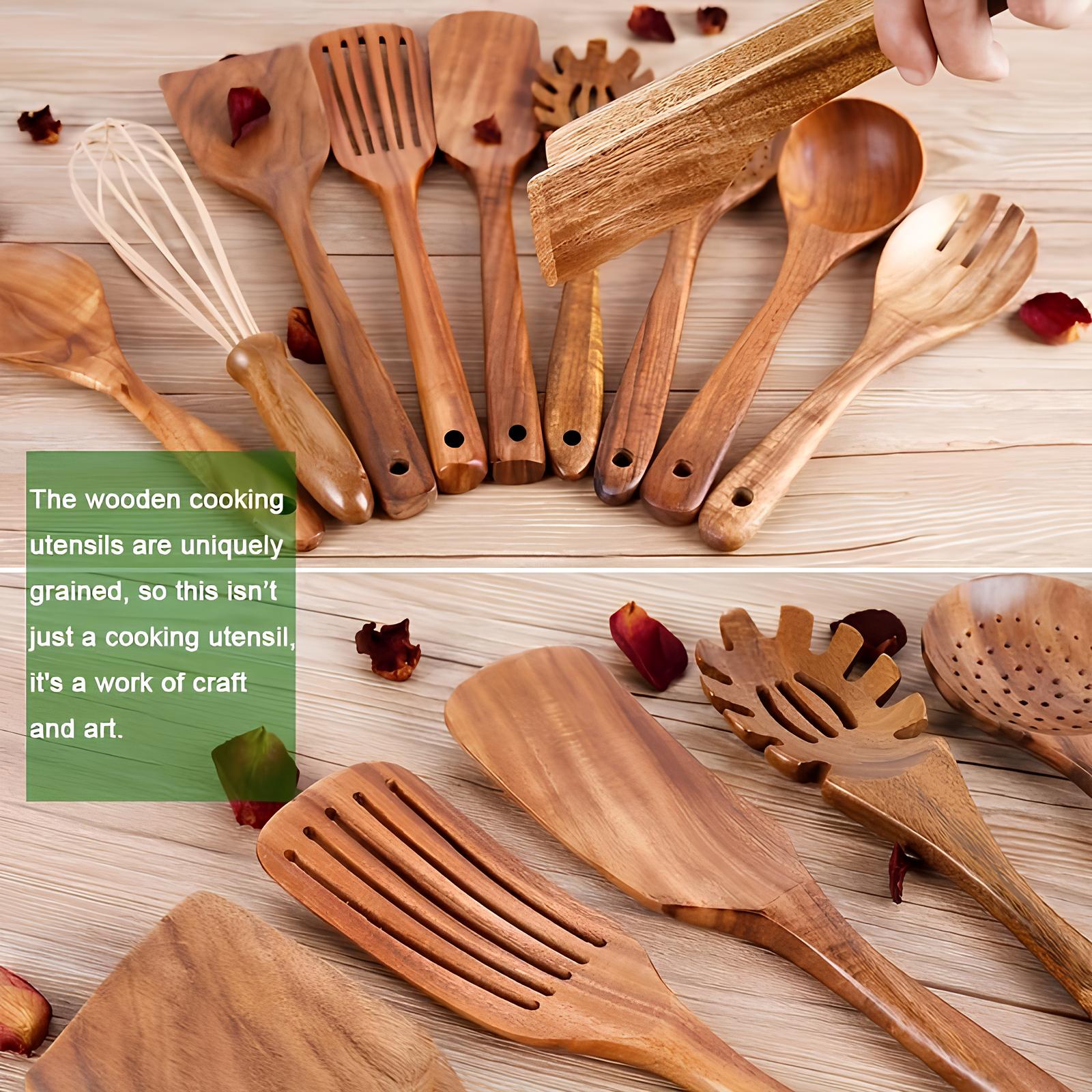 11-Piece Teak Kitchen Utensil Set – Includes Holder – Natural Look for the Kitchen