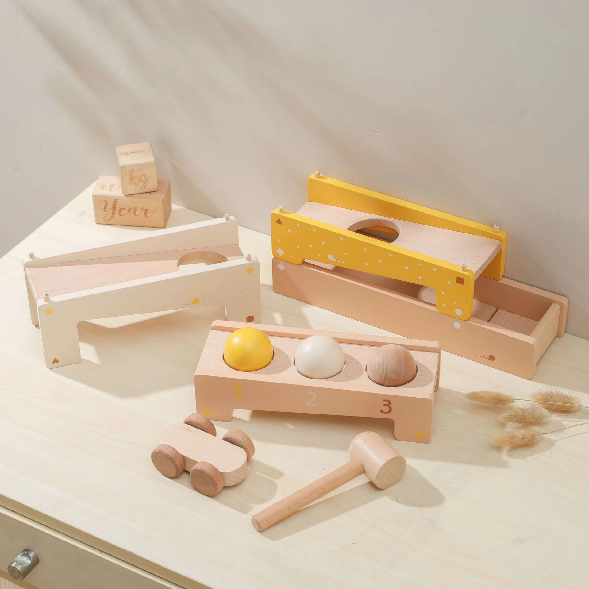 Wooden Ball Track with Hammer and Car – Play Push