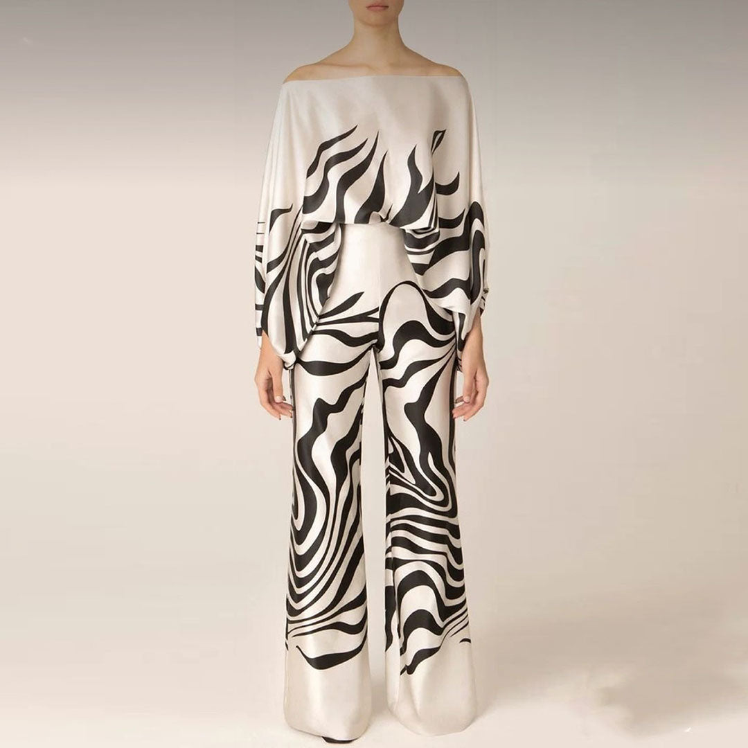 Ladies Two-Piece Set – Satin Look – Off-Shoulder Top – High Waist – Wide Leg Trousers