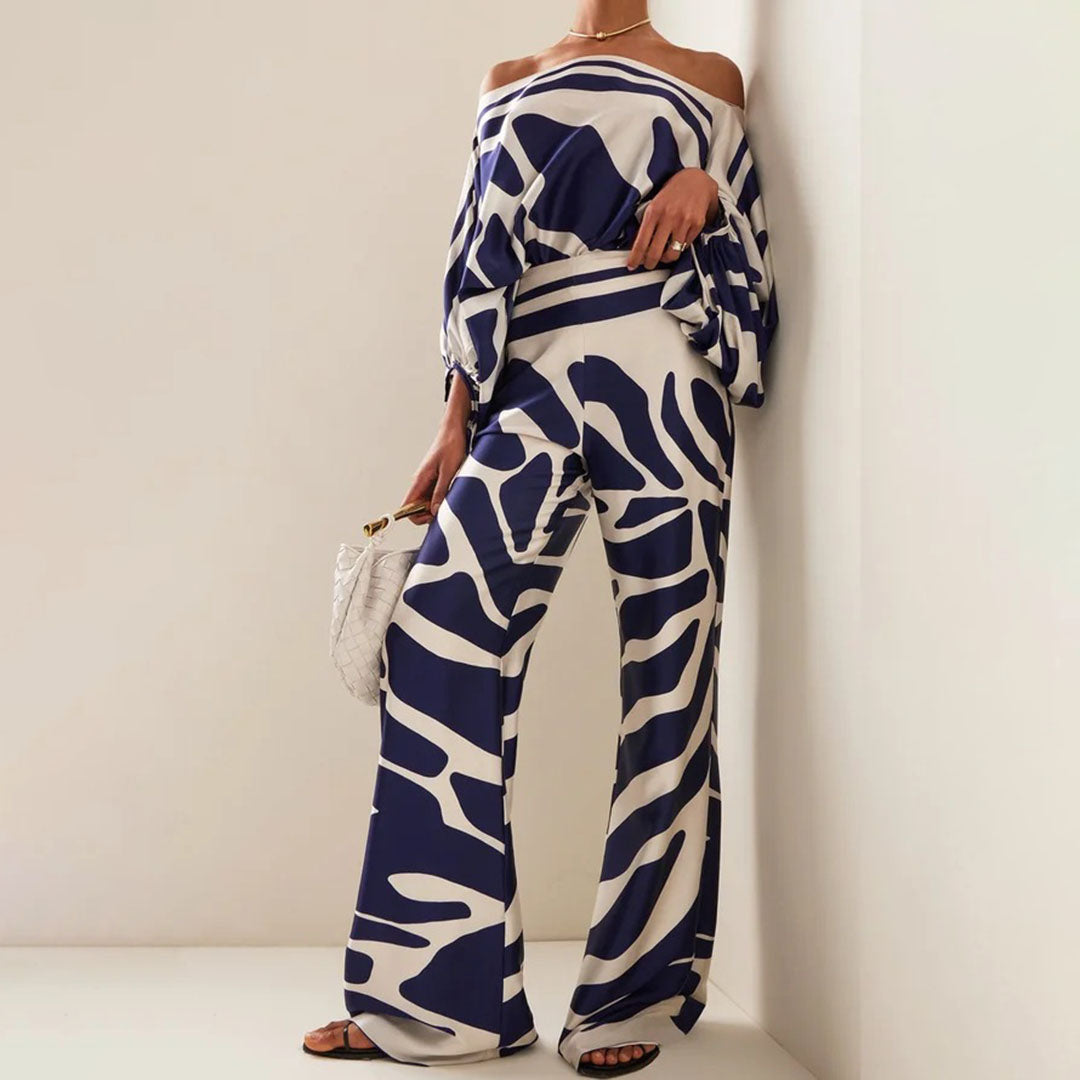 Ladies Two-Piece Set – Satin Look – Off-Shoulder Top – High Waist – Wide Leg Trousers