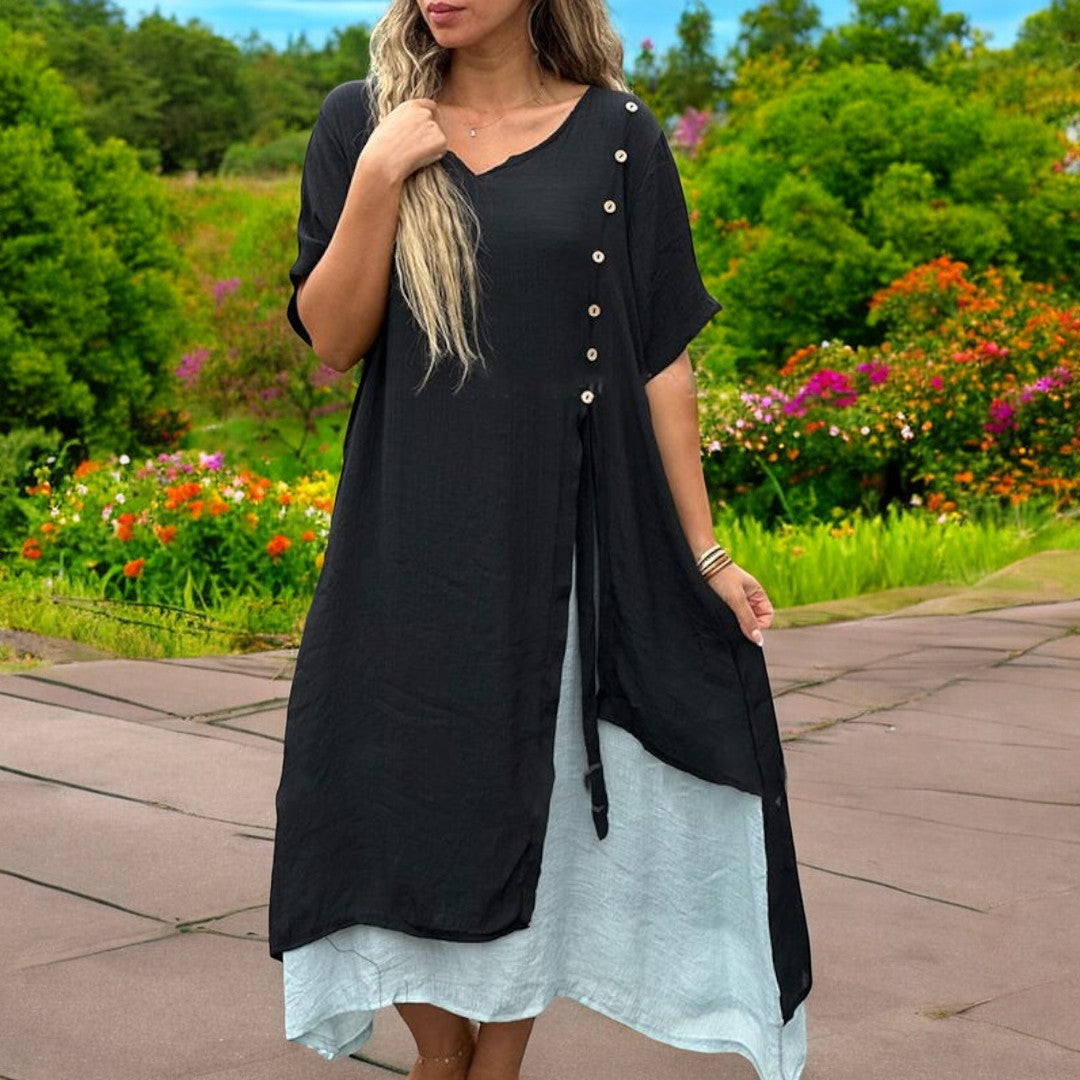 YLS | Ladies' Summer Dress Linen V-Neck Elegant Dresses for Warm Days
