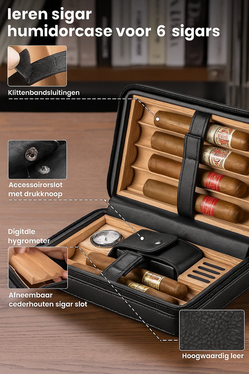 6-piece leather cigar humidor set | Cigar accessory | Luxury travel case with hygrometer and humidifier for cigar enthusiasts