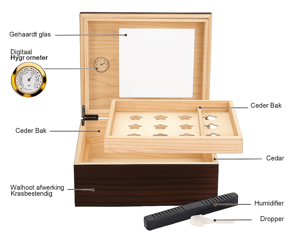 Cedar Wood Cigar Box with Glass Lid | Cigar Accessory | Elegant Humidor with Hygrometer, Humidifier, and Cigar Cutter
