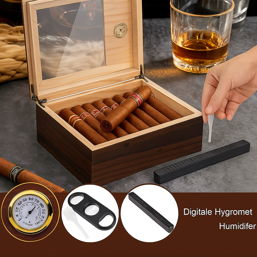 Cedar Wood Cigar Box with Glass Lid | Cigar Accessory | Elegant Humidor with Hygrometer, Humidifier, and Cigar Cutter