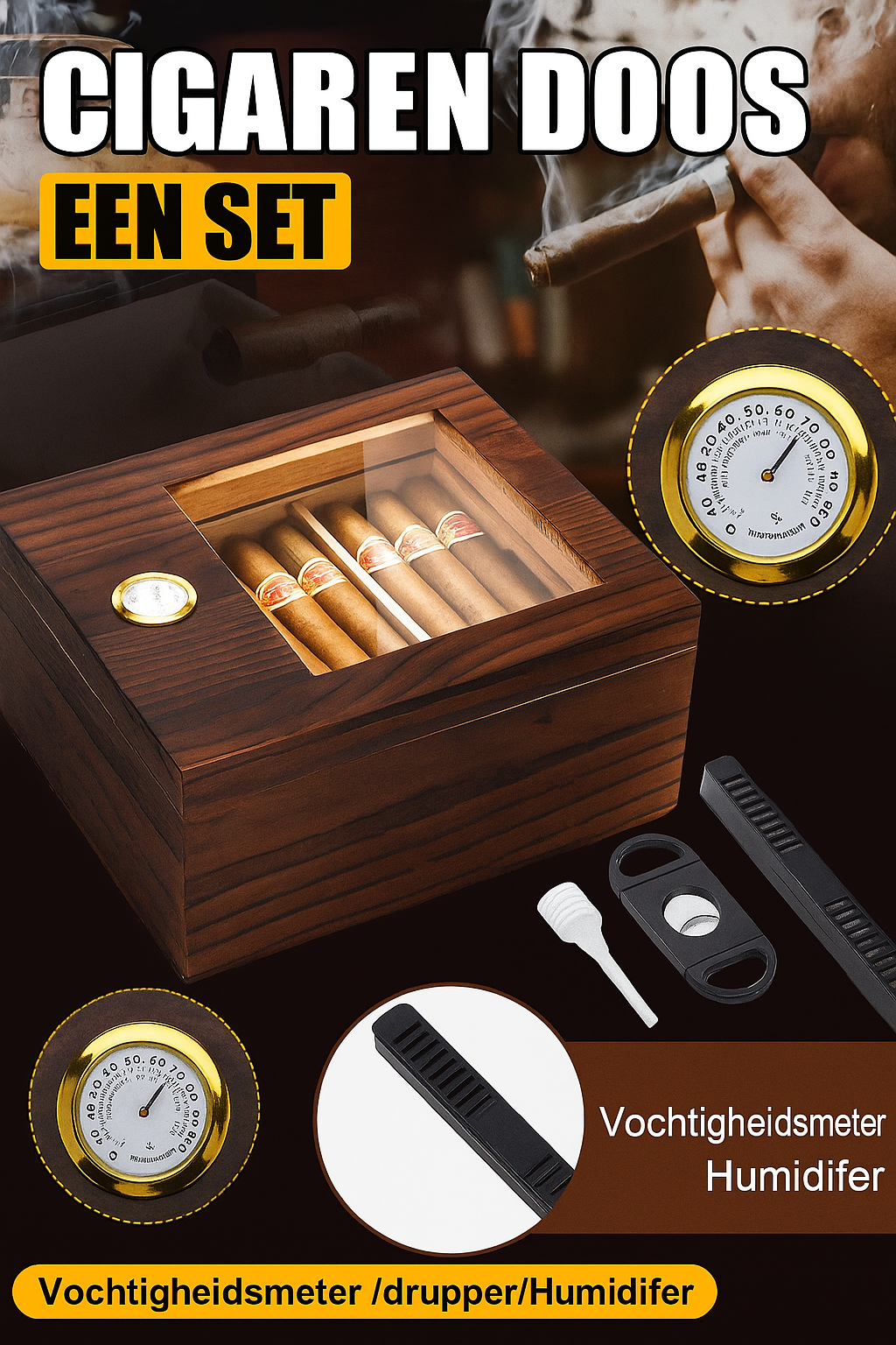 Cedar Wood Cigar Box with Glass Lid | Cigar Accessory | Elegant Humidor with Hygrometer, Humidifier, and Cigar Cutter