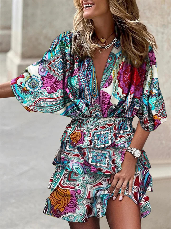 Ladies' Dress – V-Neck – Floral Print – Ruffles – Batwing Sleeves – Elastic Waist