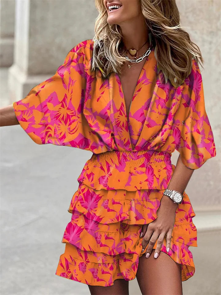 Ladies' Dress – V-Neck – Floral Print – Ruffles – Batwing Sleeves – Elastic Waist