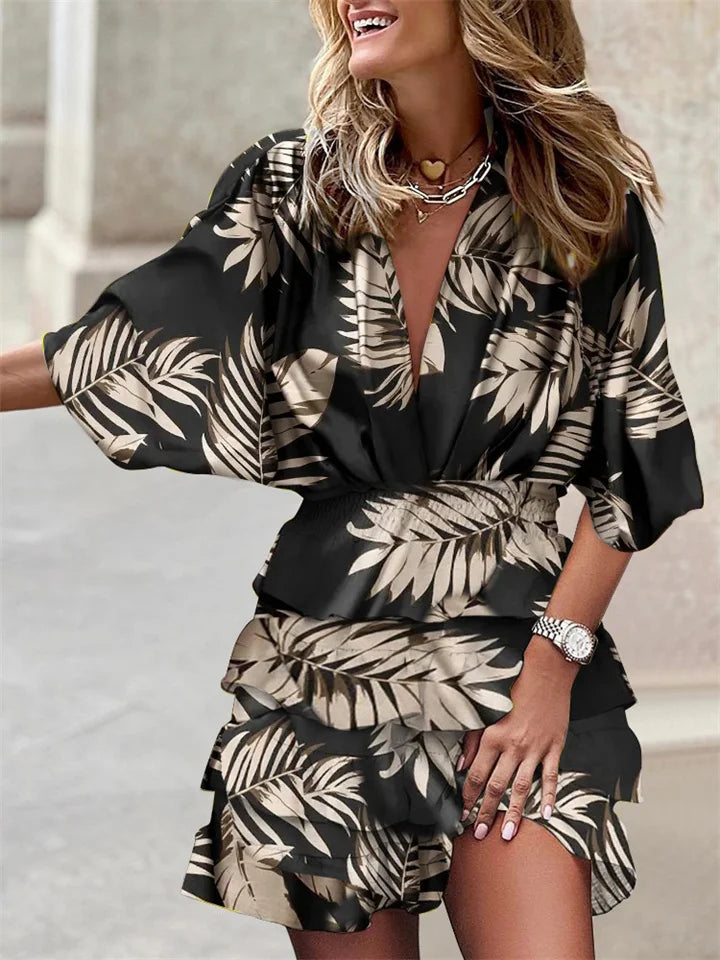Ladies' Dress – V-Neck – Floral Print – Ruffles – Batwing Sleeves – Elastic Waist