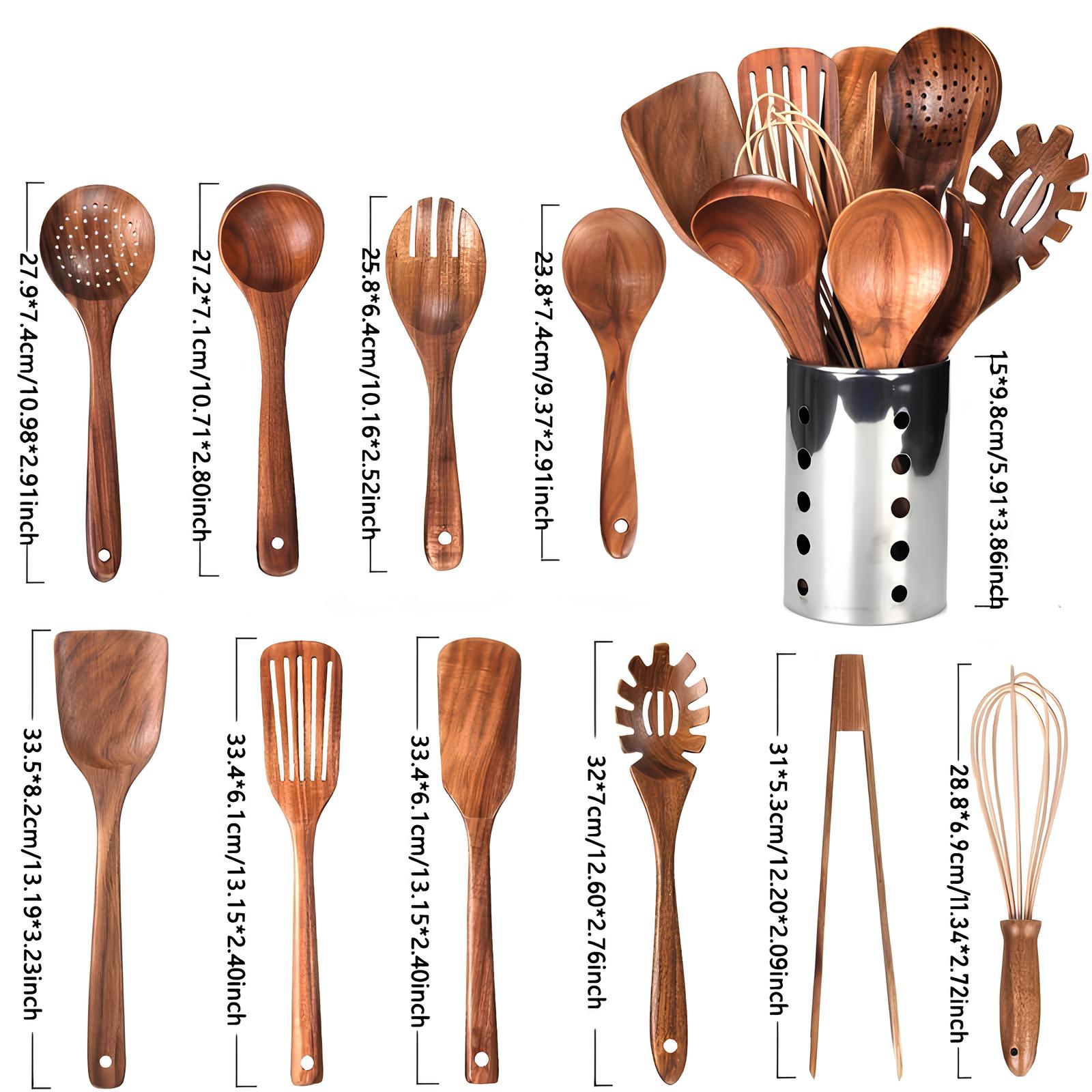 11-Piece Teak Kitchen Utensil Set – Includes Holder – Natural Look for the Kitchen