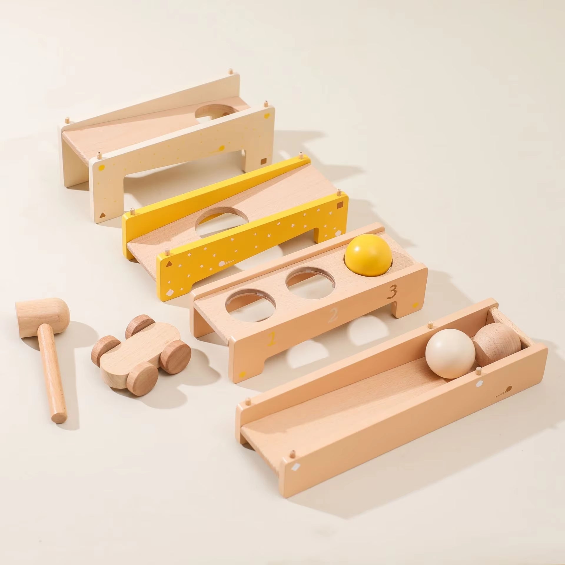 Wooden Ball Track with Hammer and Car – Play Push