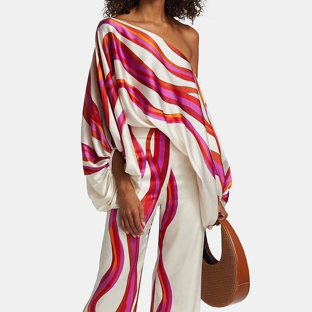 Ladies Two-Piece Set – Satin Look – Off-Shoulder Top – High Waist – Wide Leg Trousers