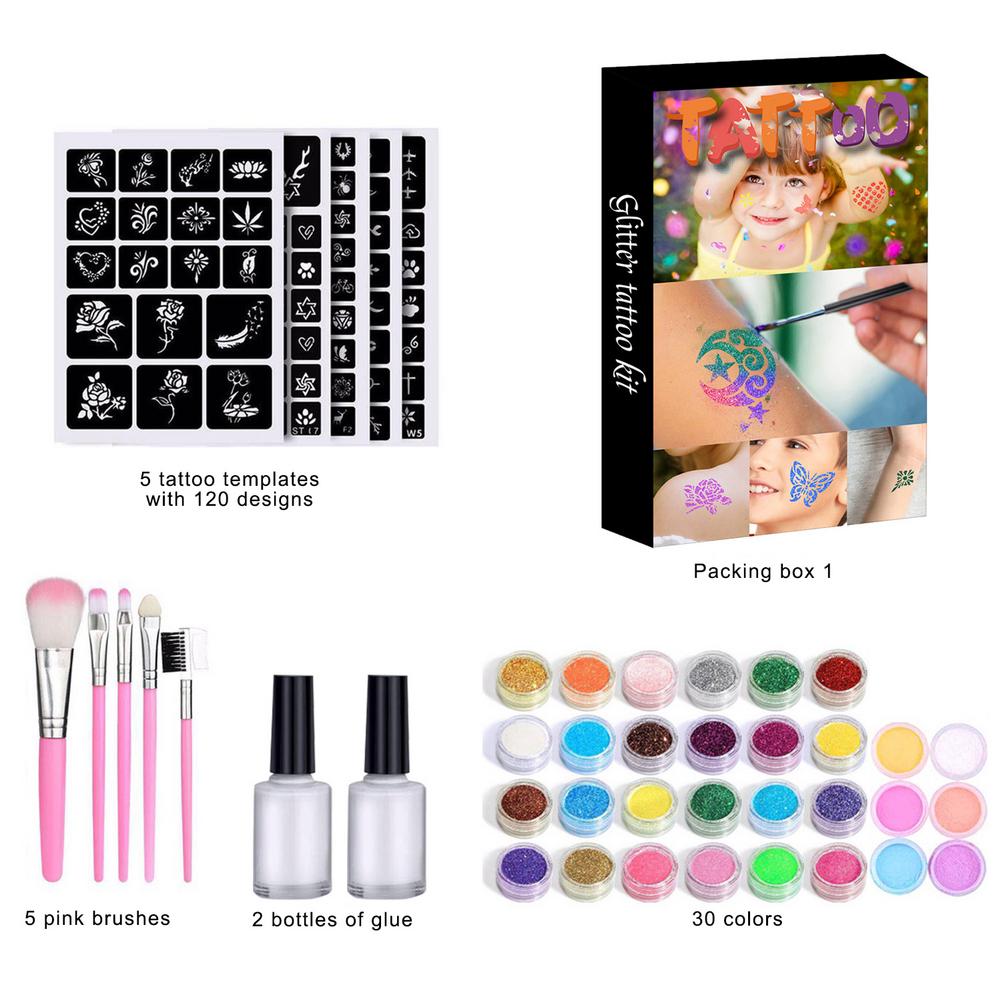 GlitterInk Tattoo Set – 30 Colours & 120 Shapes for Creative Body Art - Perfect Gift for Children