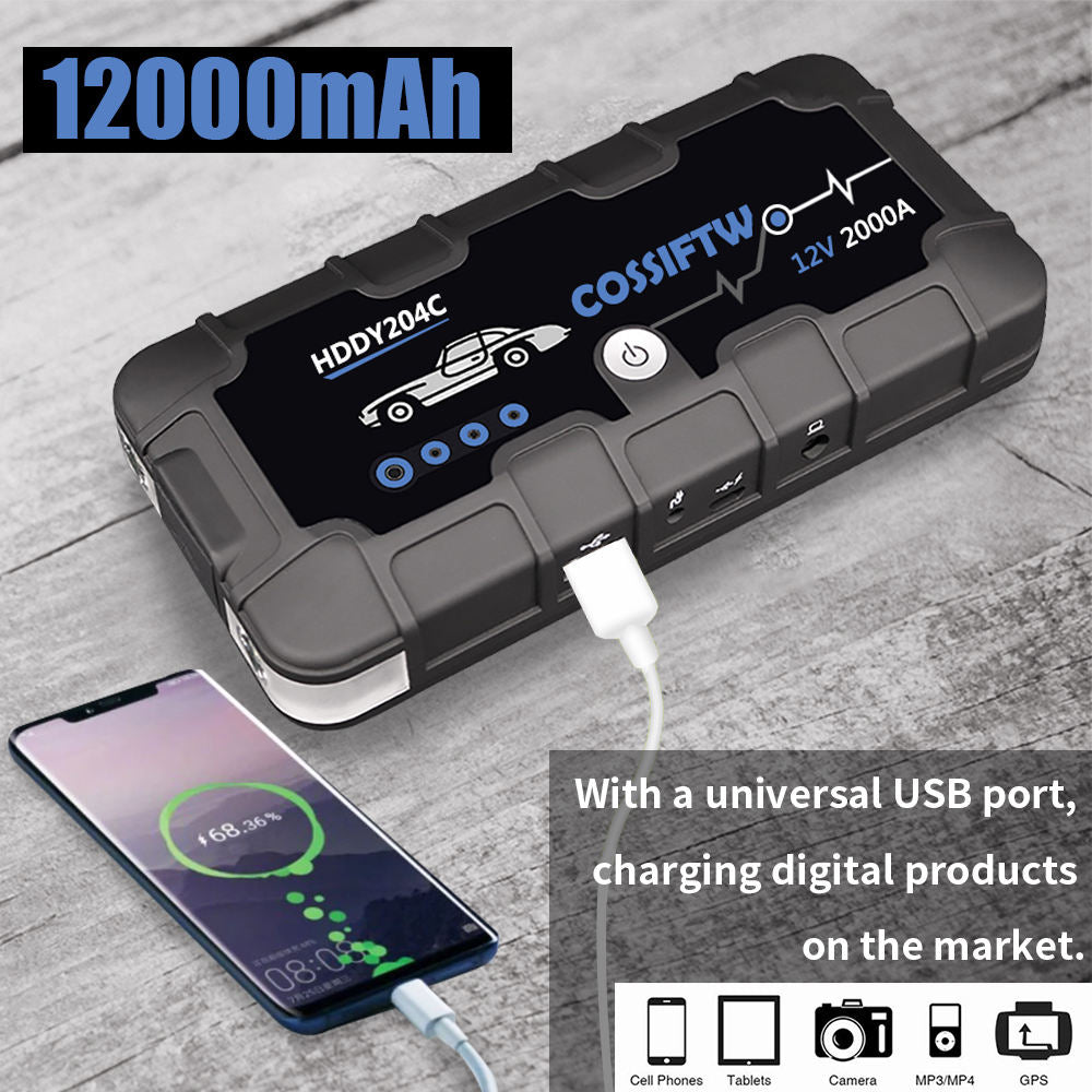 2000A UltraSafe Auto 12V Jump Starter Accupack, Battery Booster, Jump Box, Portable Charger and Jump Cables for 6.0L Petrol and 3.0L Diesel Engines