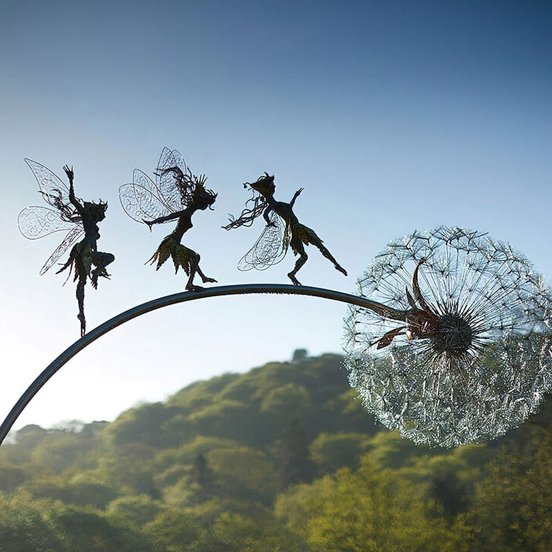 Fairies and Dandelions Dancing Together Sculpture for Outdoor Garden