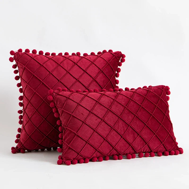 Inyahome Velvet Cushion Cover with Pompom in Solid Colour Decorative
