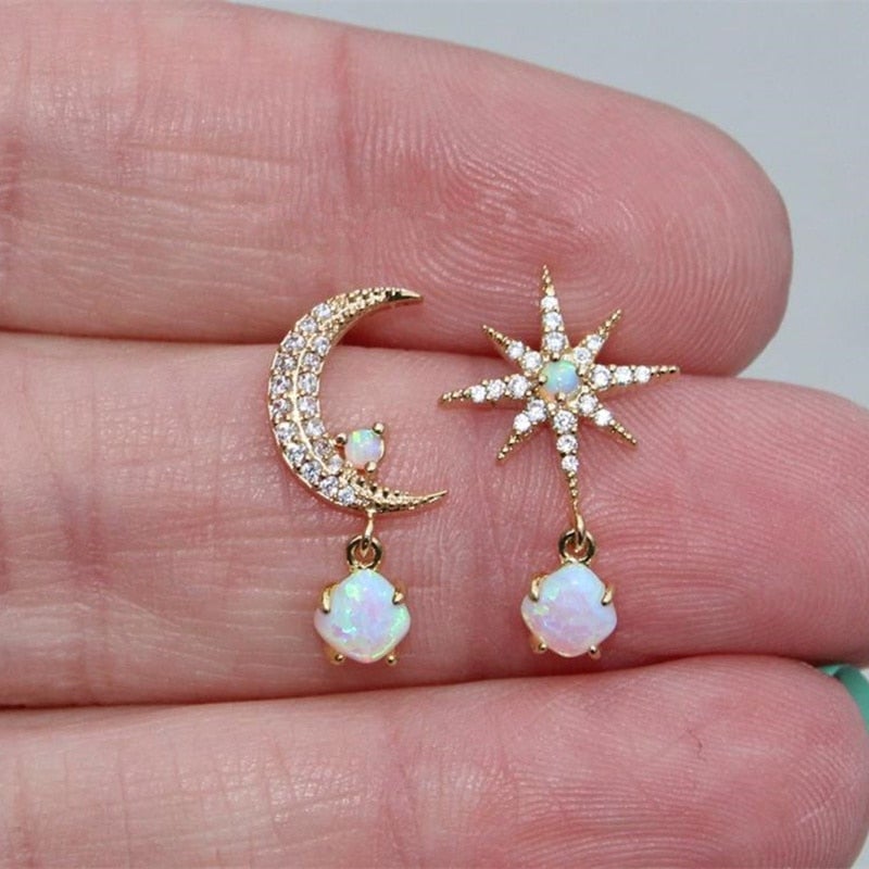 Golden Moon and Star Earrings with Opal – Aurora