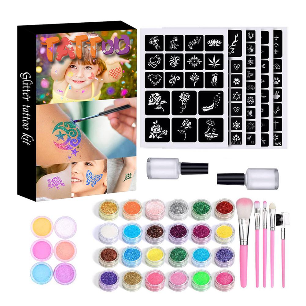 GlitterInk Tattoo Set – 30 Colours & 120 Shapes for Creative Body Art - Perfect Gift for Children