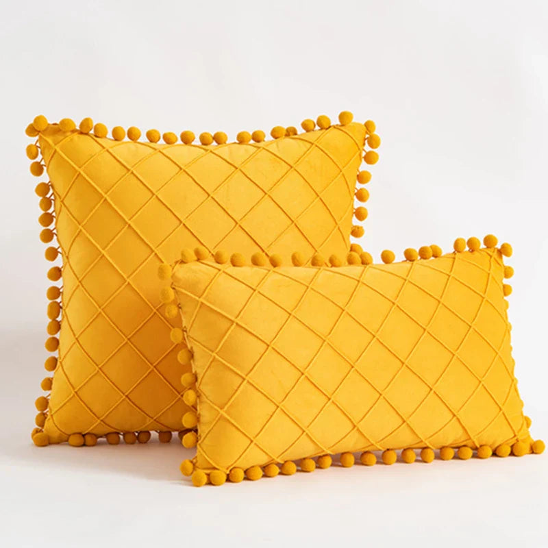 Inyahome Velvet Cushion Cover with Pompom in Solid Colour Decorative