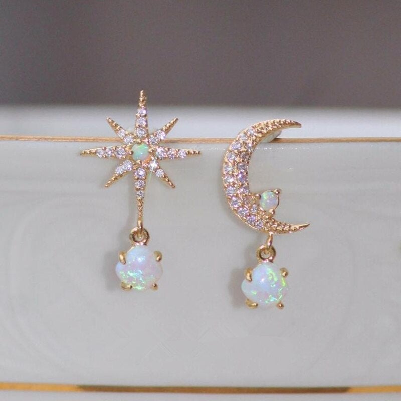 Golden Moon and Star Earrings with Opal – Aurora