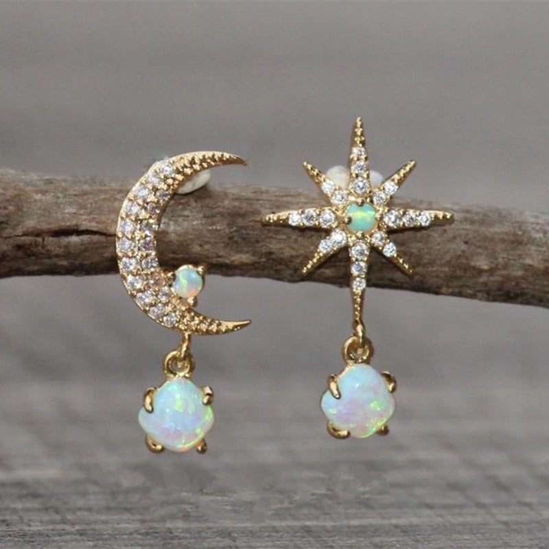 Golden Moon and Star Earrings with Opal – Aurora