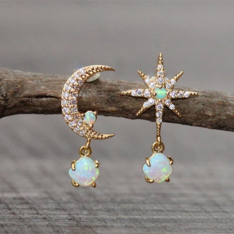 Golden Moon and Star Earrings with Opal – Aurora