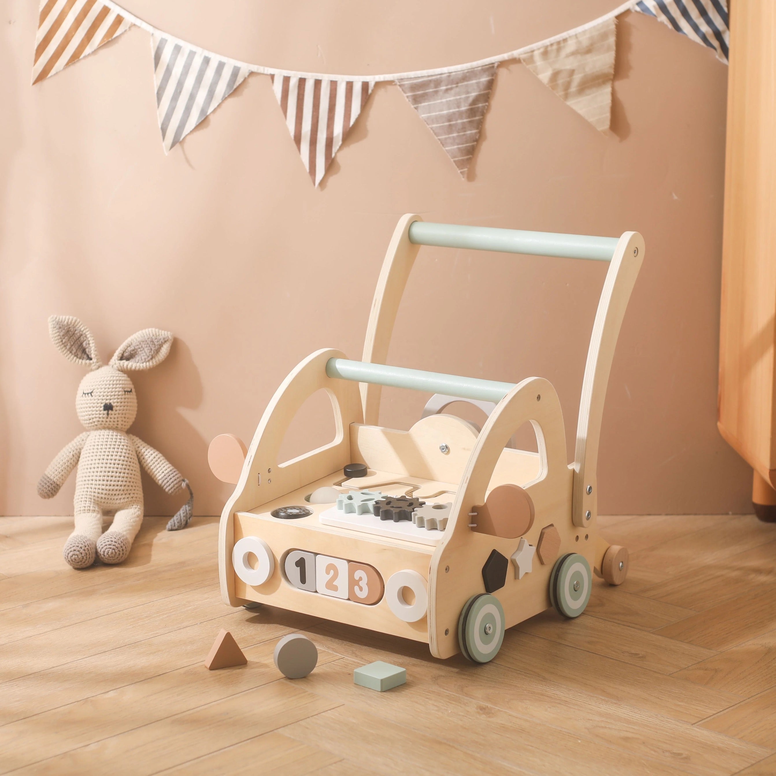 Wooden Baby Walker with Montessori Play Parts and Mirrors