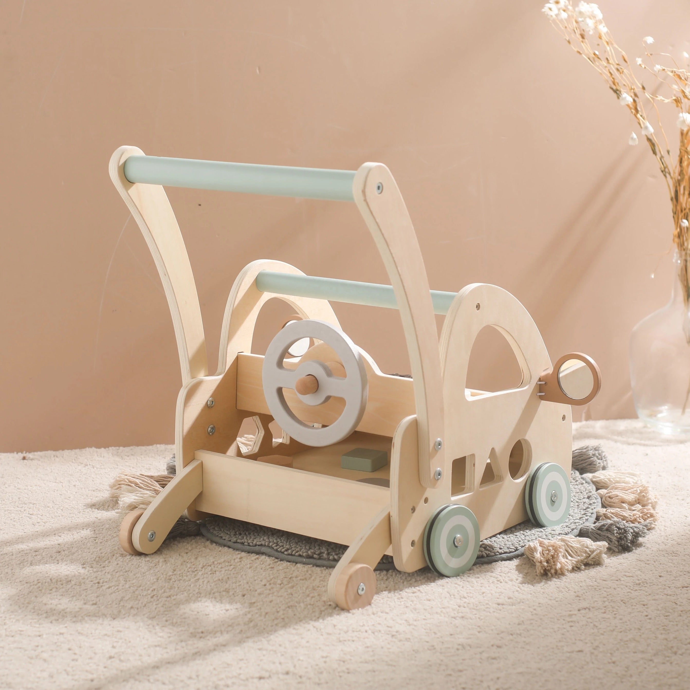 Wooden Baby Walker with Montessori Play Parts and Mirrors