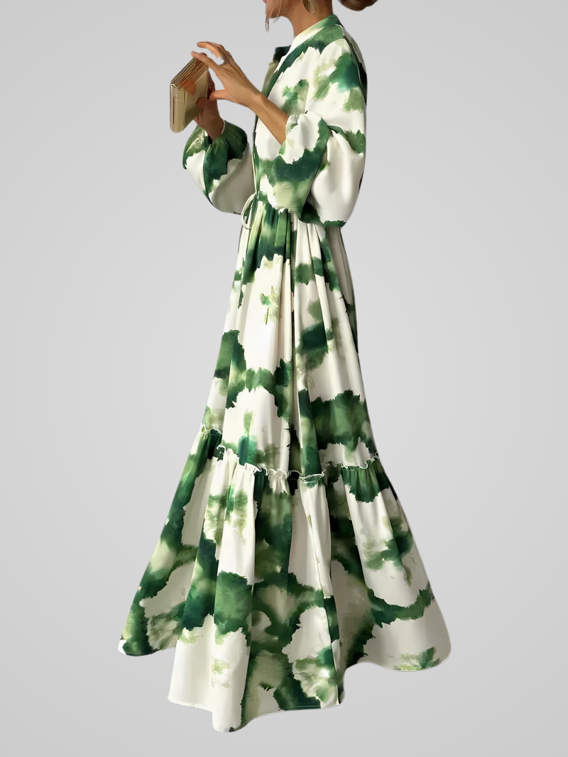 Jade | Boho Green Maxi Dress with V-Neck for Summer Elegance