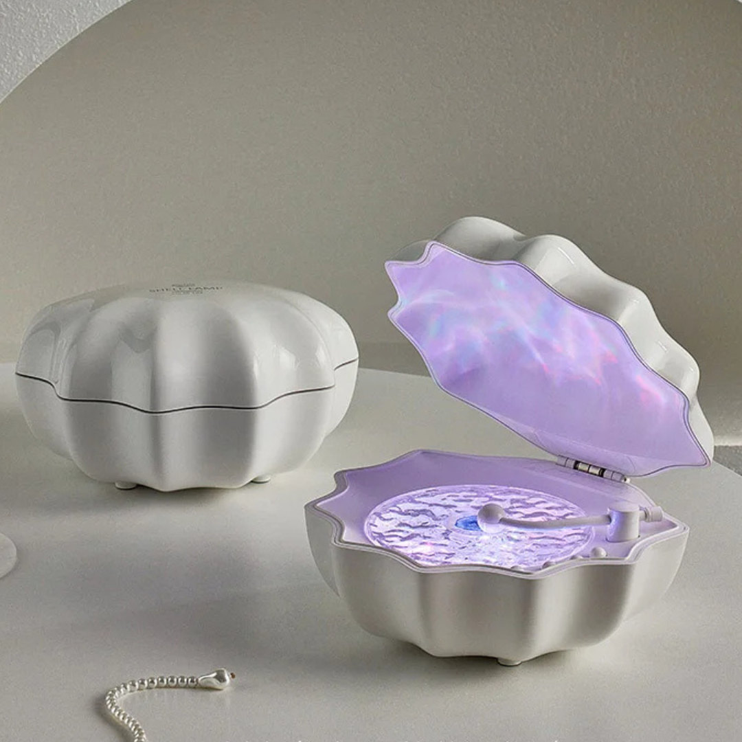 AquaAura Shell Lamp Speaker | Portable Bluetooth speaker with immersive ocean wave projection and ambient lighting