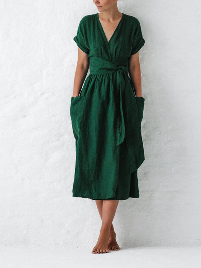 Linen wrap dress with waist belt