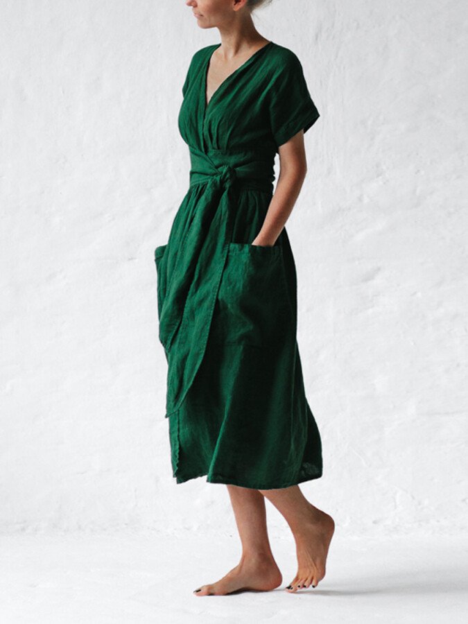 Linen wrap dress with waist belt