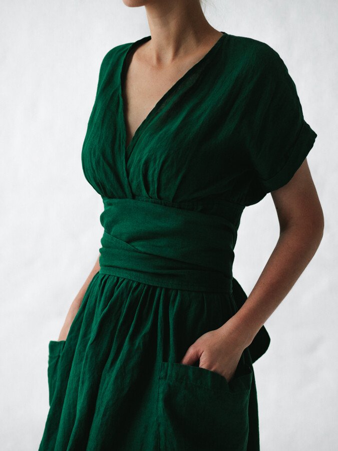 Linen wrap dress with waist belt
