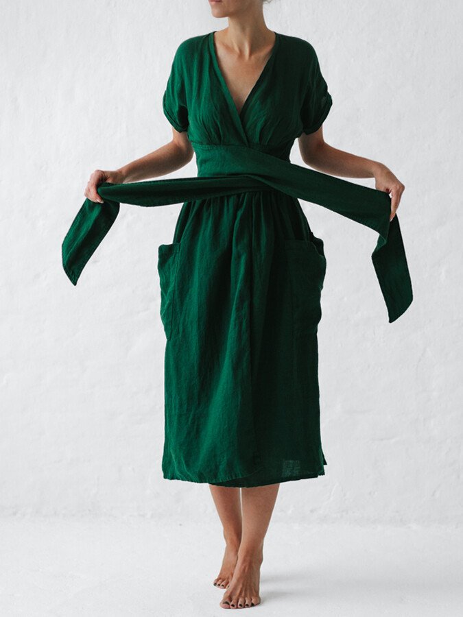 Linen wrap dress with waist belt
