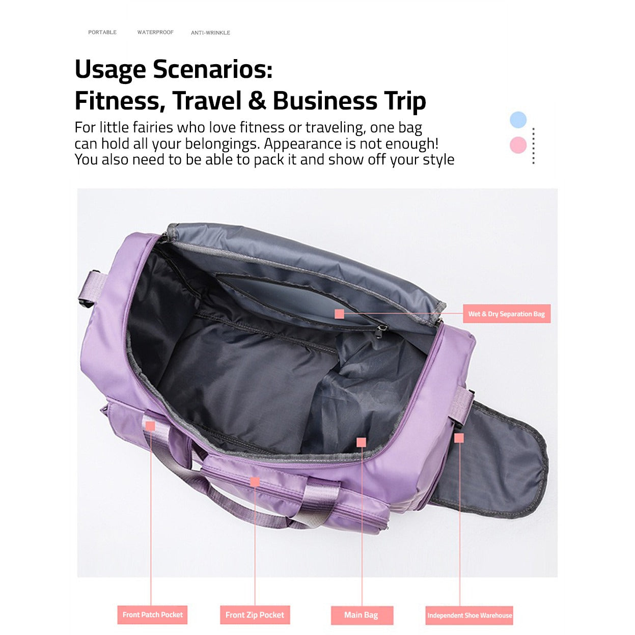 Multi-Pocket Travel Bag, Sports and Gym Duffle with Separate Shoe Compartment