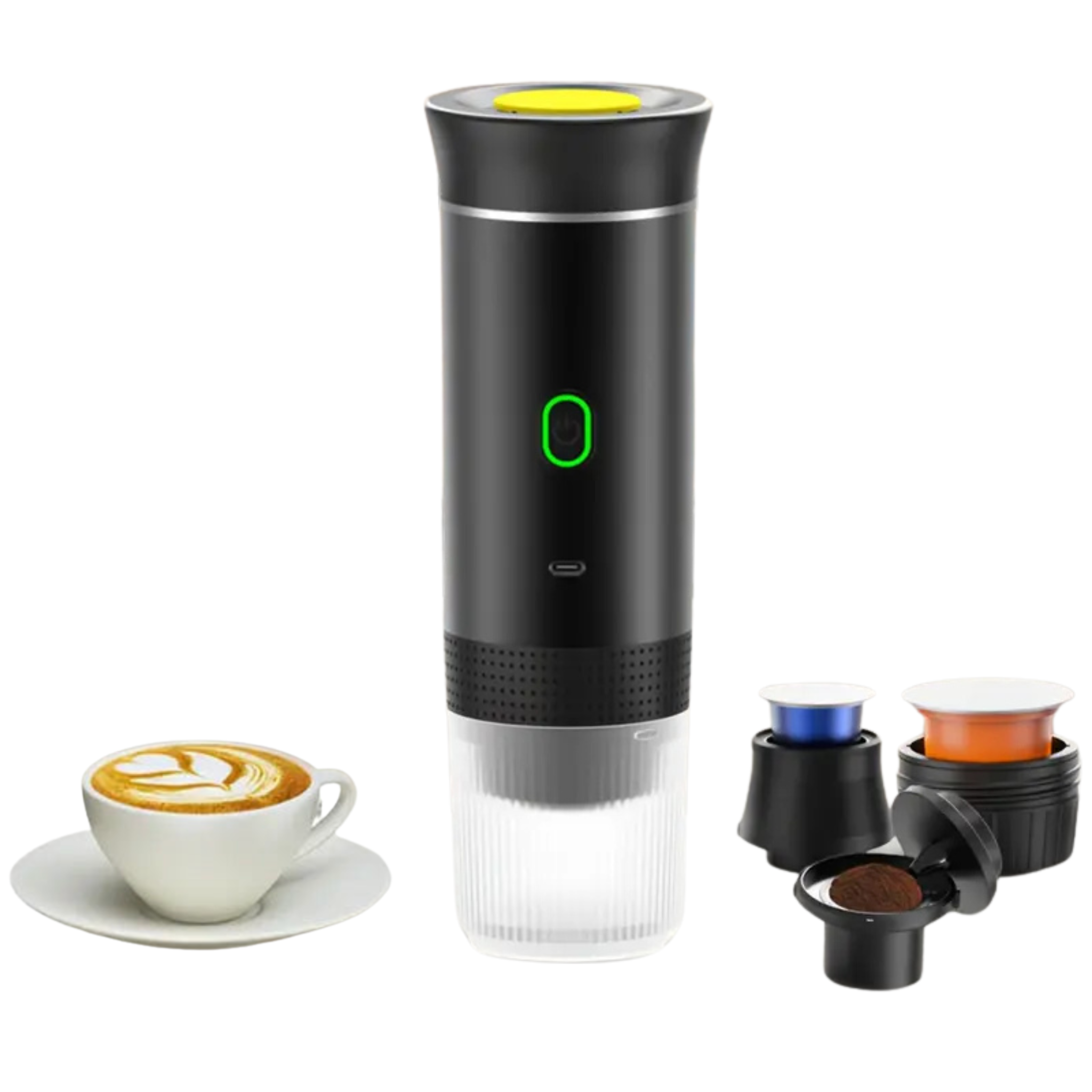 BrewGo - Portable Espresso Machine - Self-Heating Travel Coffee Maker, Suitable for Ground Coffee & Pods