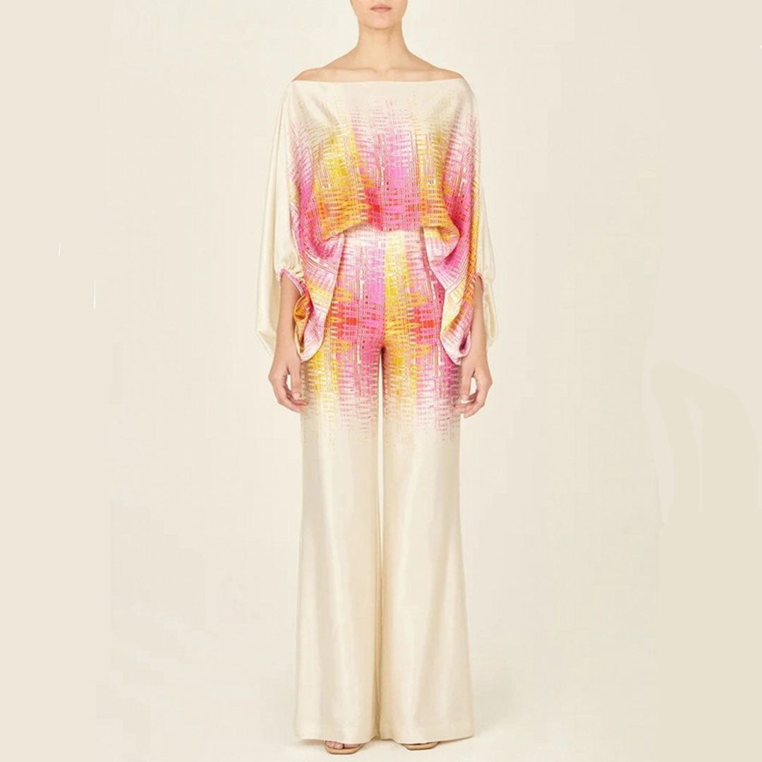 Ladies Two-Piece Set – Satin Look – Off-Shoulder Top – High Waist – Wide Leg Trousers