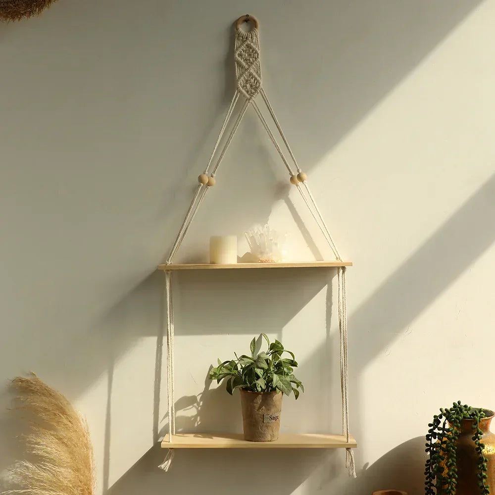 Macramé Wall Shelf - Wooden Shelf in Boho Style